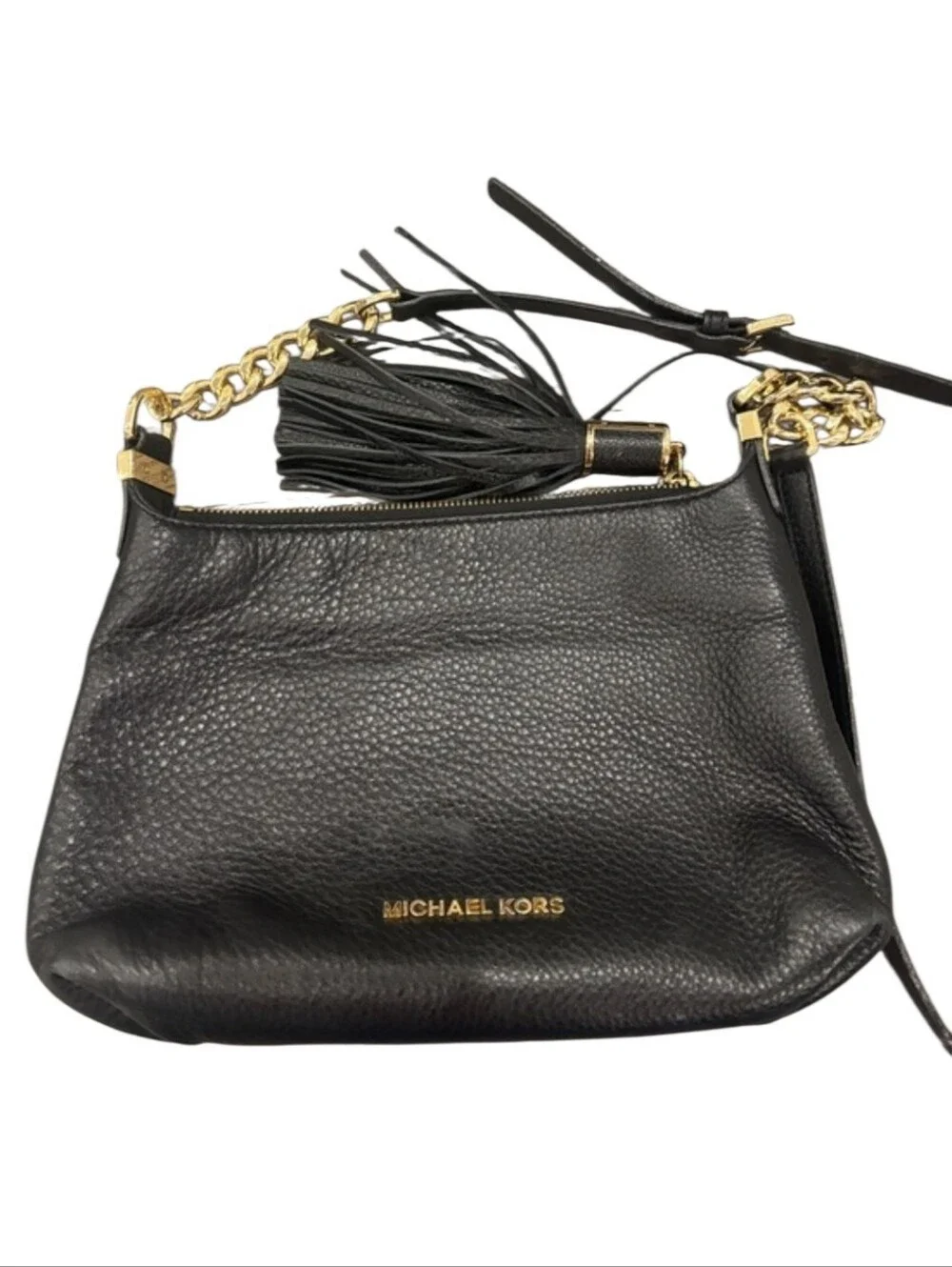 Michael Kors Black Pebbled Leather Shoulder Bag with Gold Chain and Tassel